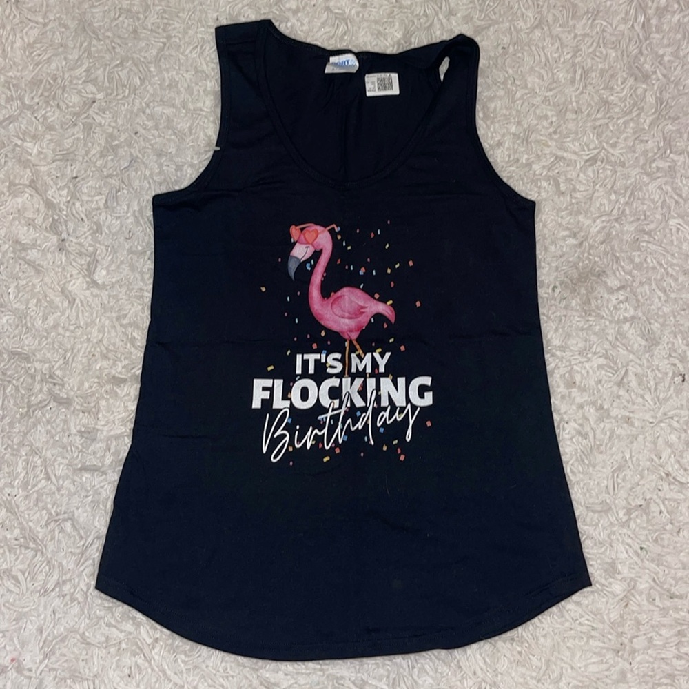 Women’s Black and Pink Flamingo Birthday Tank